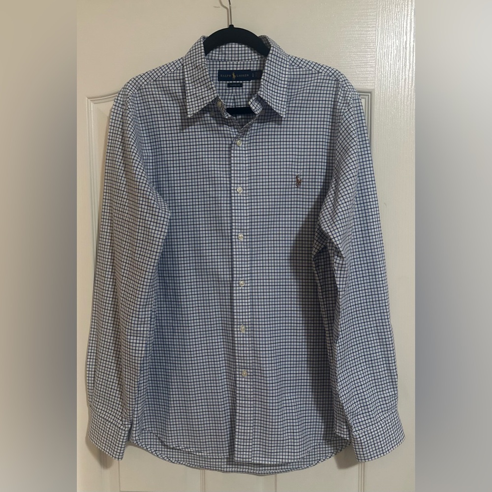 Men’s Polo Ralph Lauren Classic Fit Stretch Cotton Button Blue White Logo. Sz L.